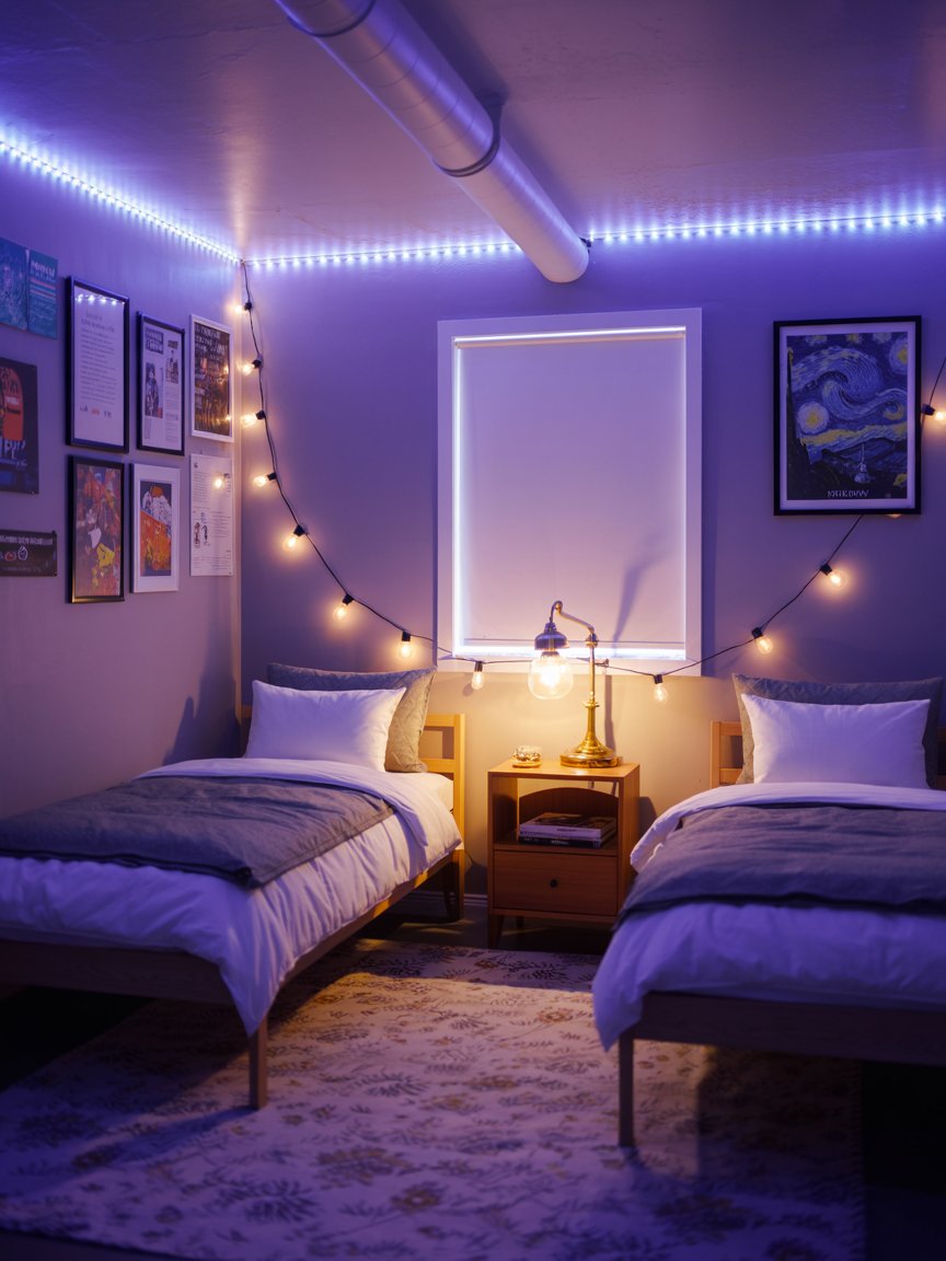 Twin bedroom with soft lighting