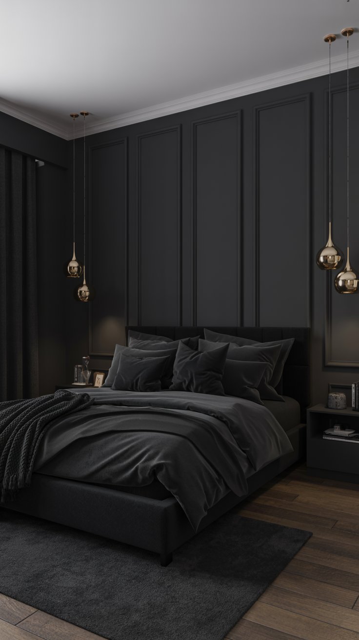 All-Black Bedroom with Gold Accents