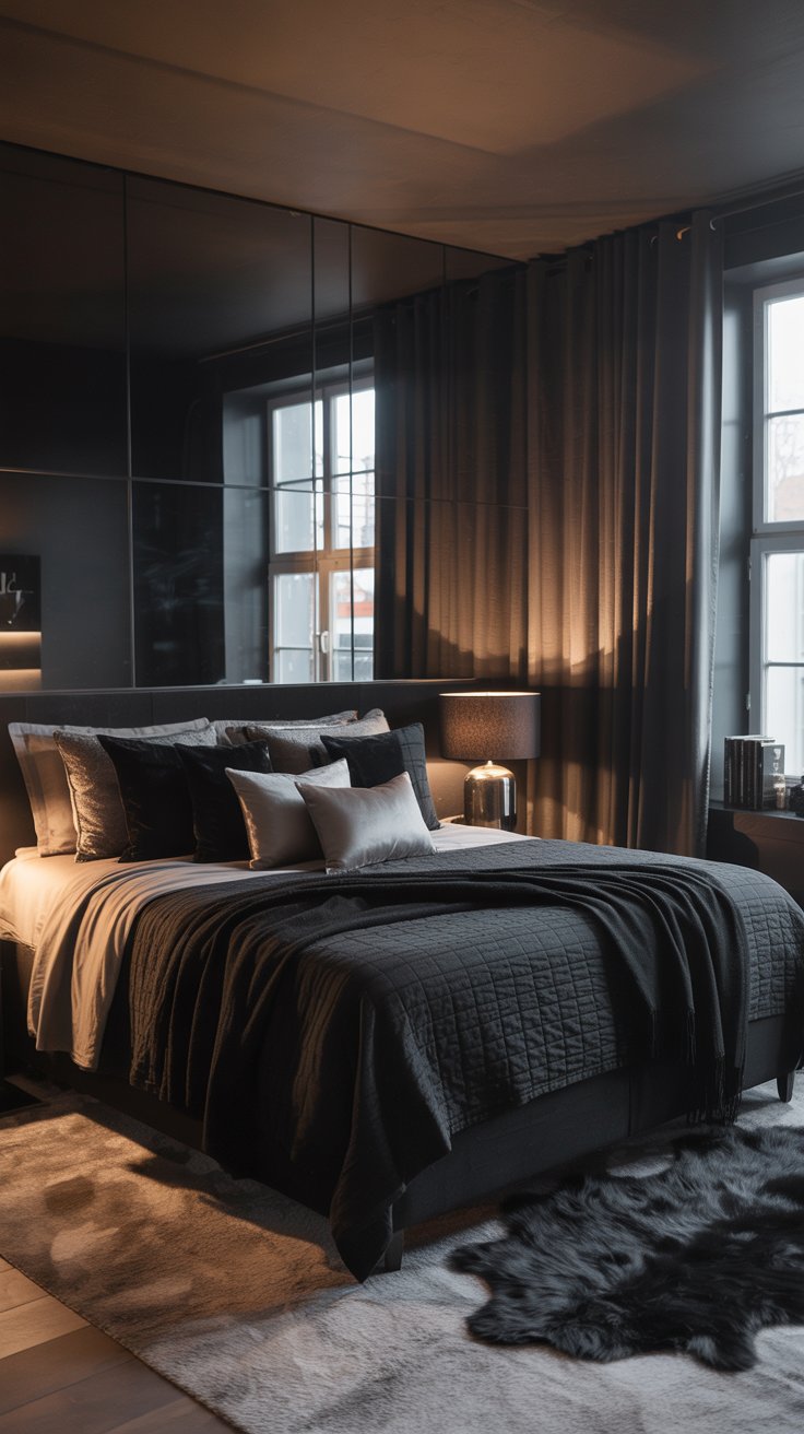 Luxurious Black Bedroom with Mirror Wall