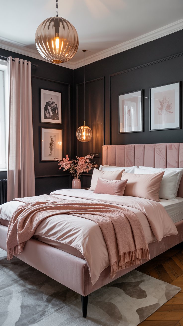 Black and Blush Bedroom with Pendant Lights