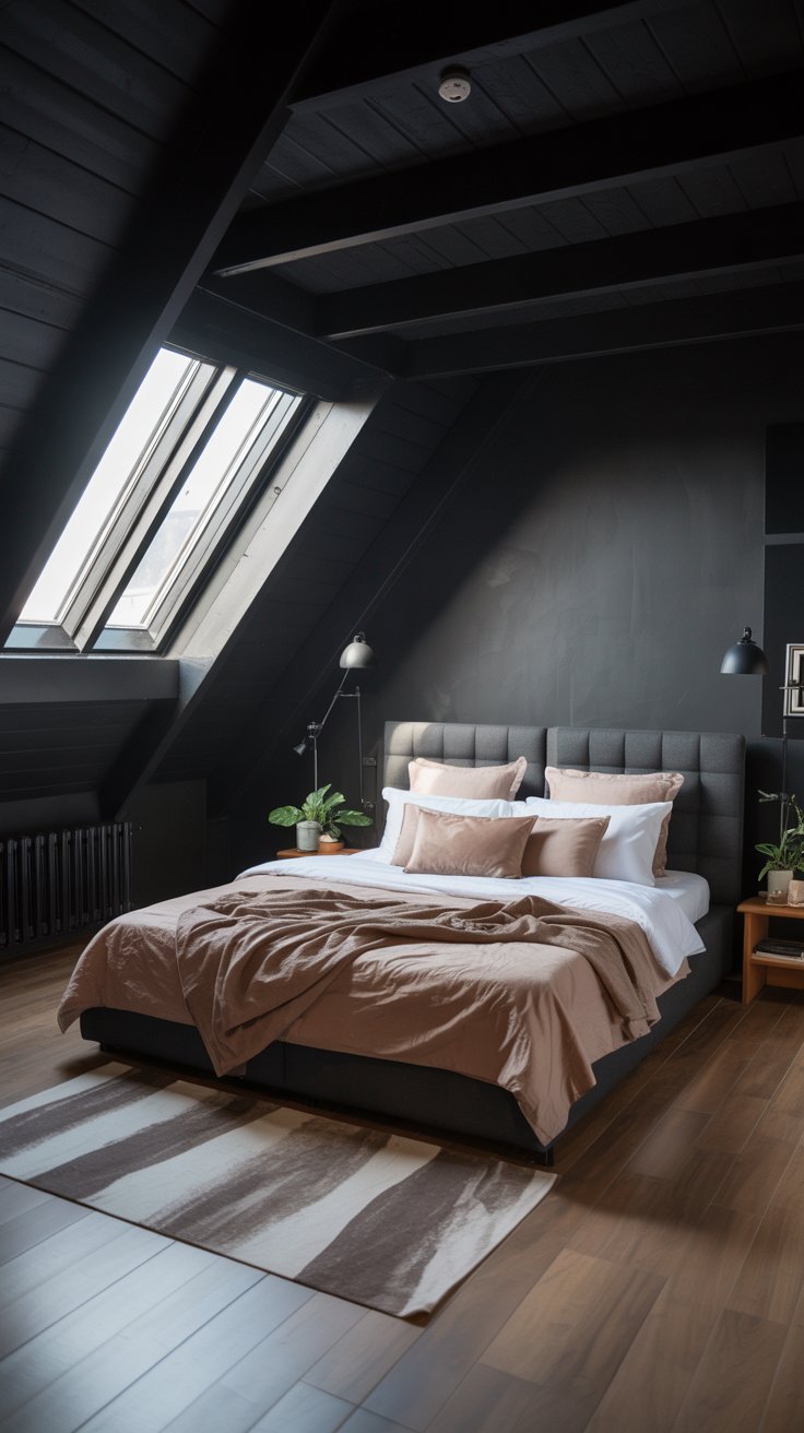 Black Loft Bedroom with Skylights