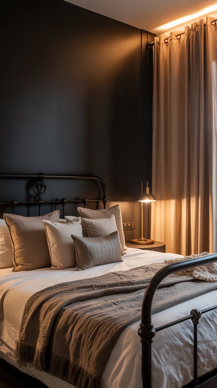 Black Bedroom with Warm Curtain Backlight