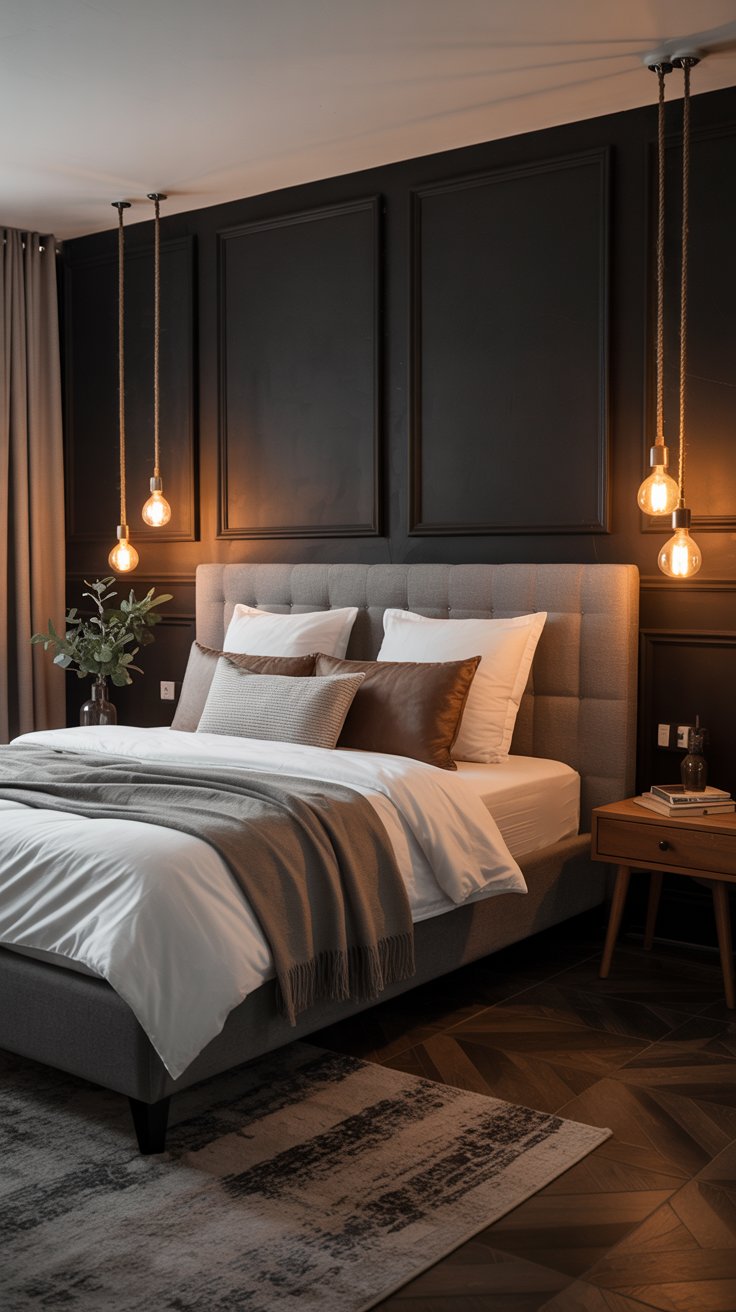 Bedroom with Black Paneled Walls and Edison Bulbs