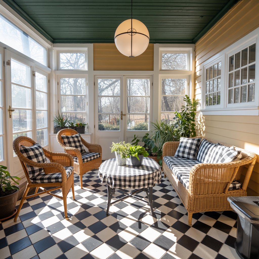 Sunroom with wicker furniture and checkerboard flooring