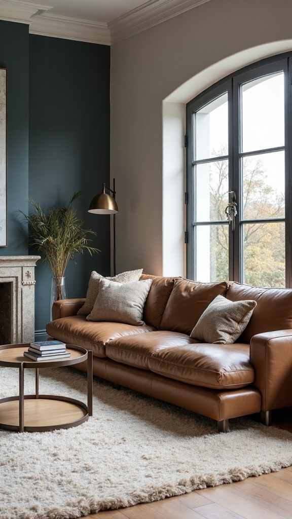 calm living room with taupe and slate blue-grey