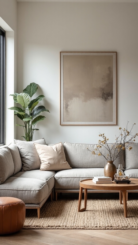 warm dove grey and camel living room