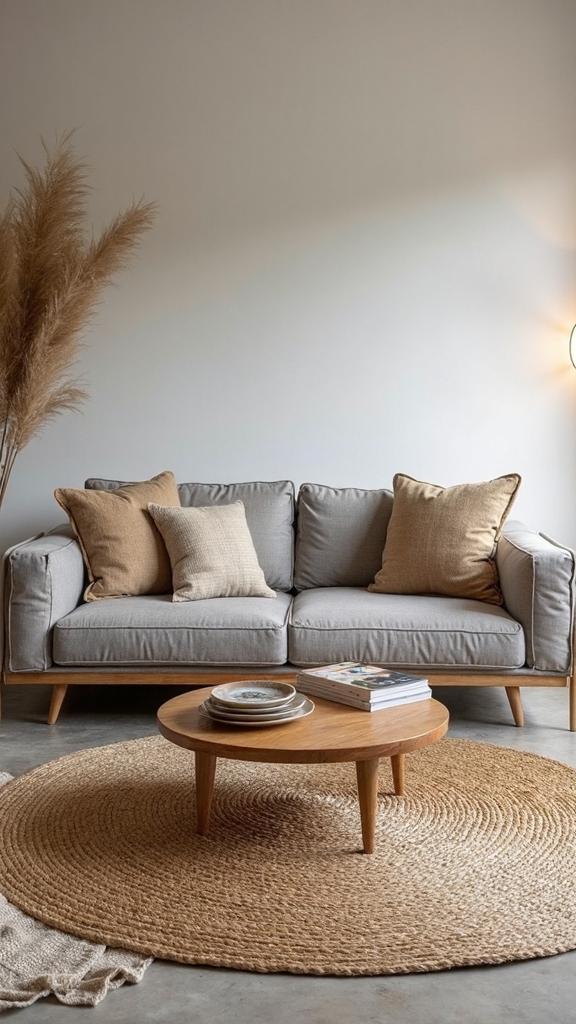 cement grey and jute textures living room