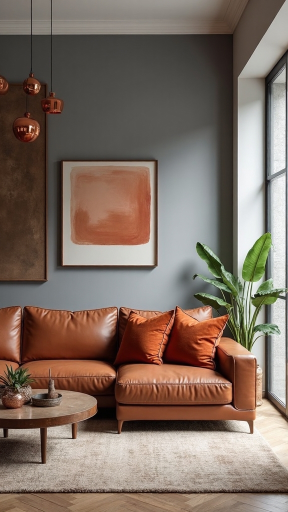 platinum grey and terra cotta living room