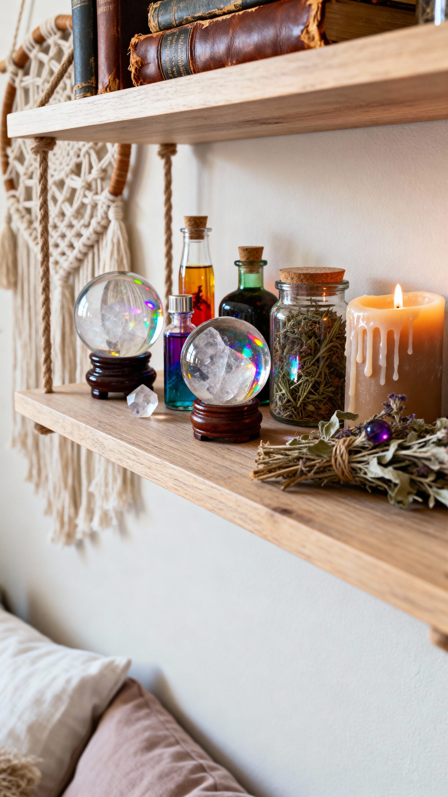 floating shelves display mystical objects thoughtfully