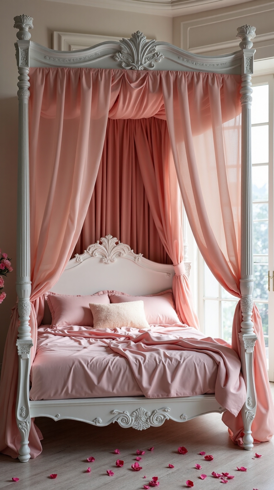 pink canopy bed with flowing curtains