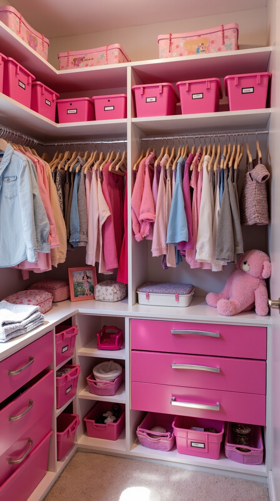 pink storage solutions in Barbie closet