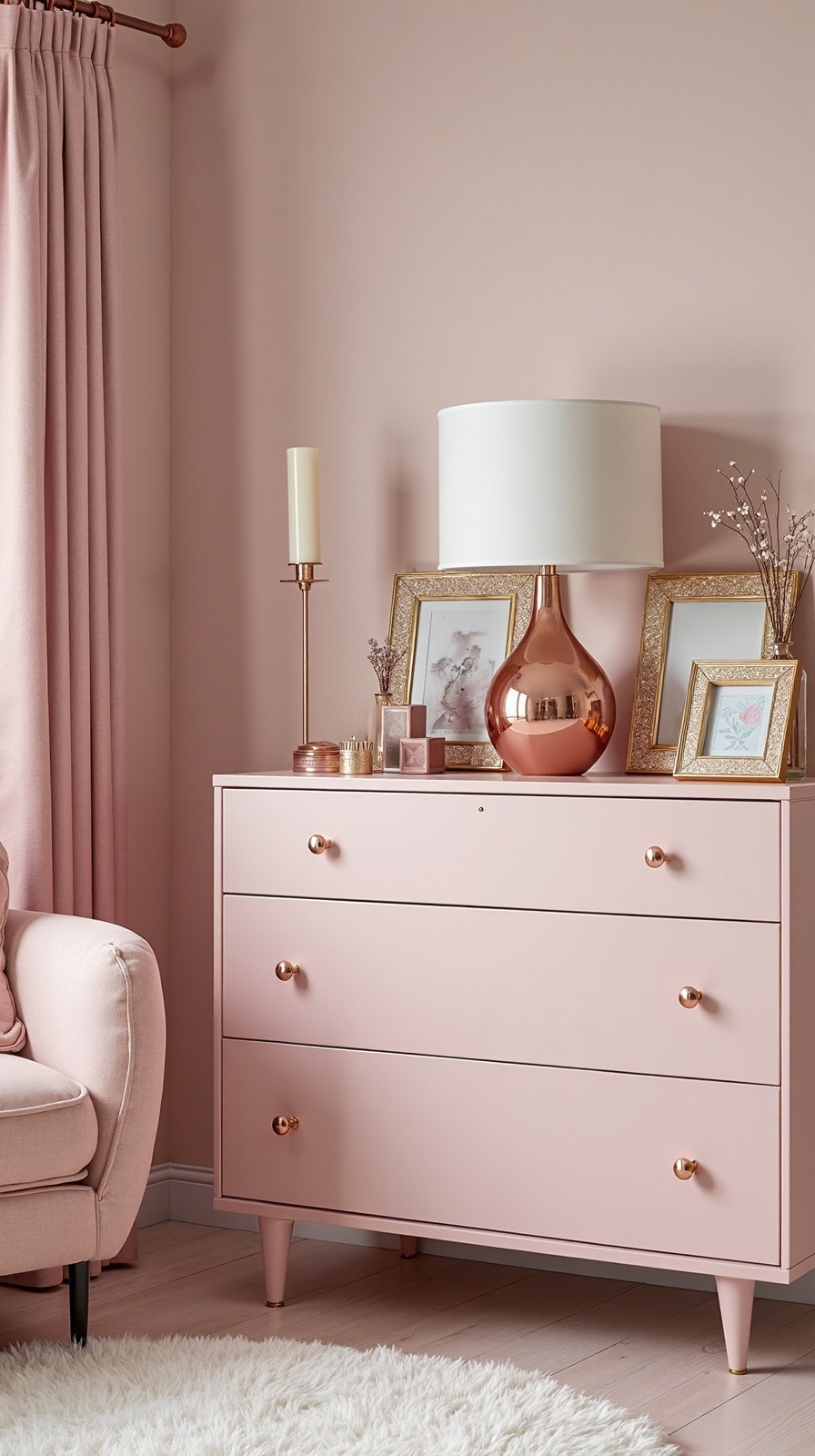 rose gold hardware in Barbie bedroom