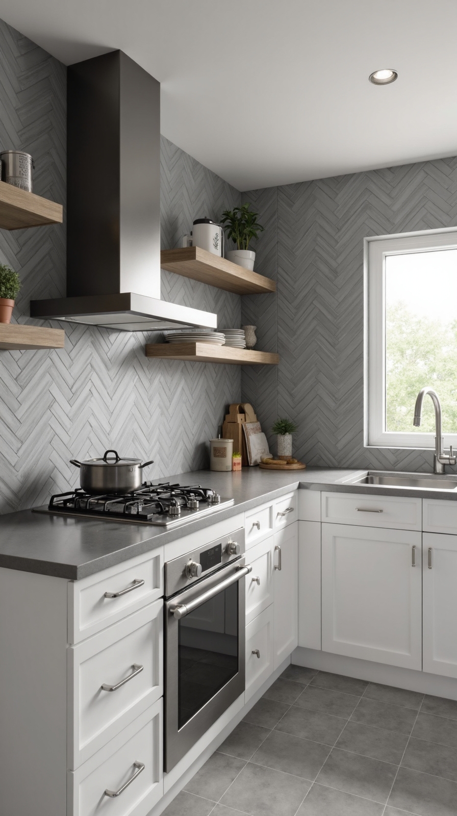 modern herringbone tile backsplash