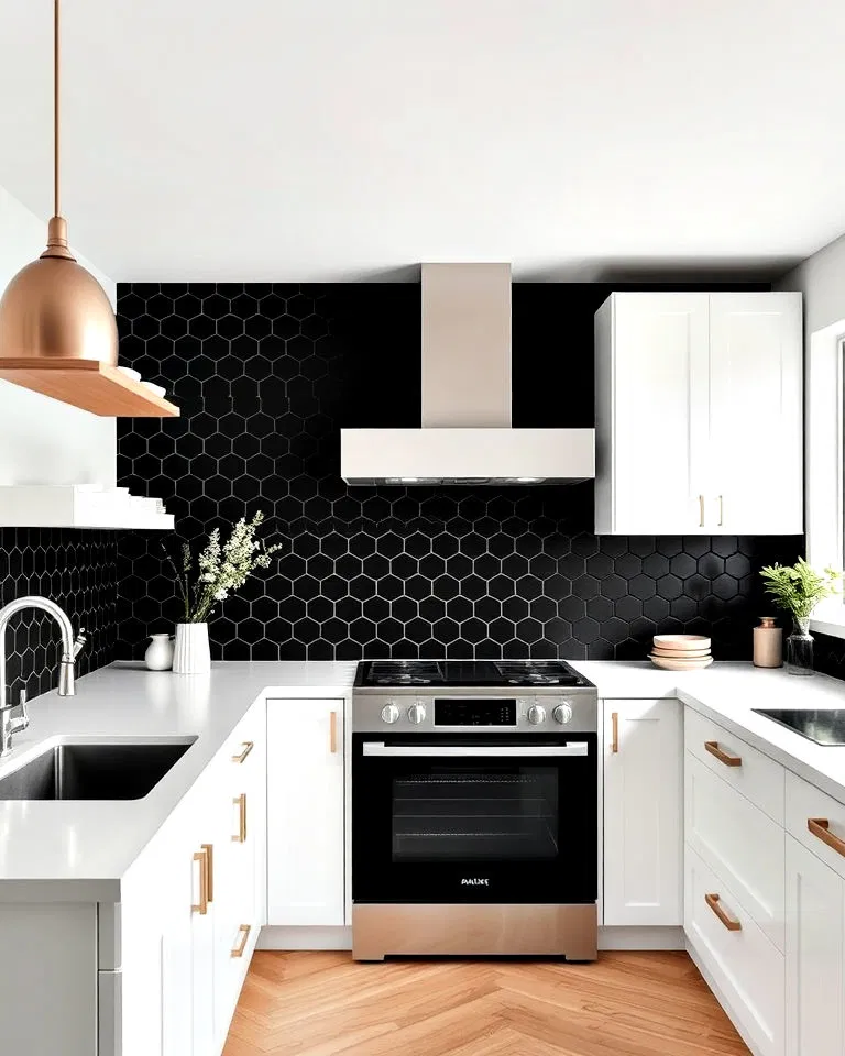 Matte black hexagonal tile backsplash in white kitchen