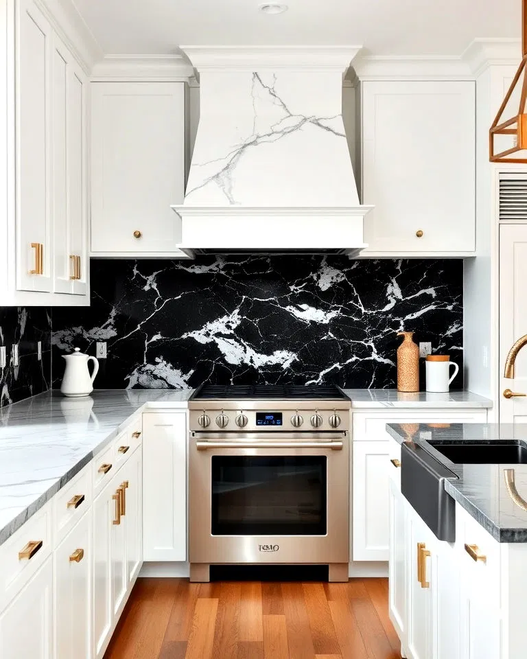 Black marble backsplash in white kitchen