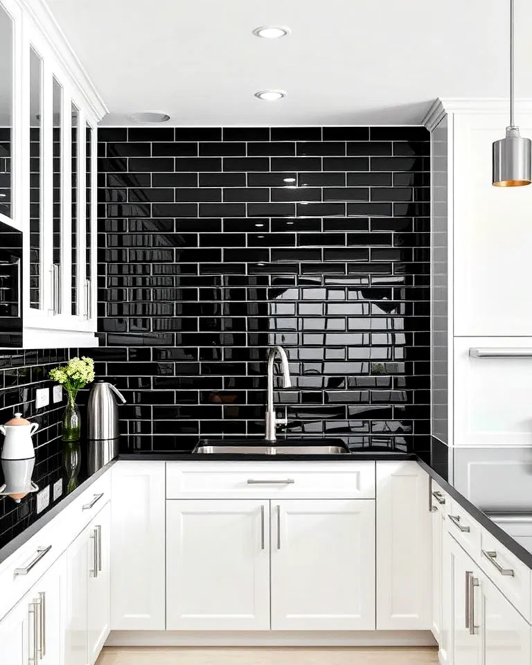 Glossy black glass tile backsplash in white kitchen