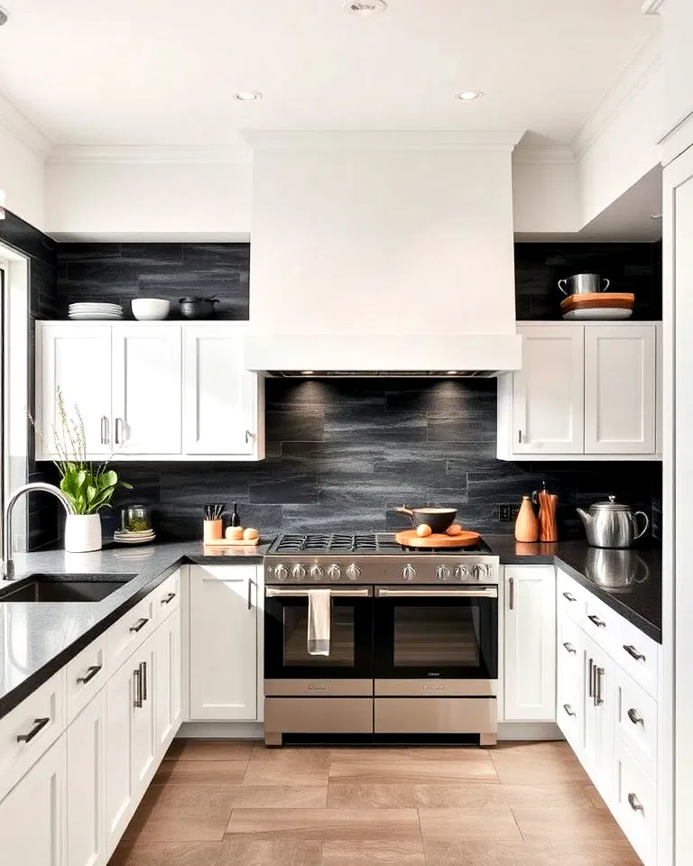 Black slate tile backsplash in white kitchen