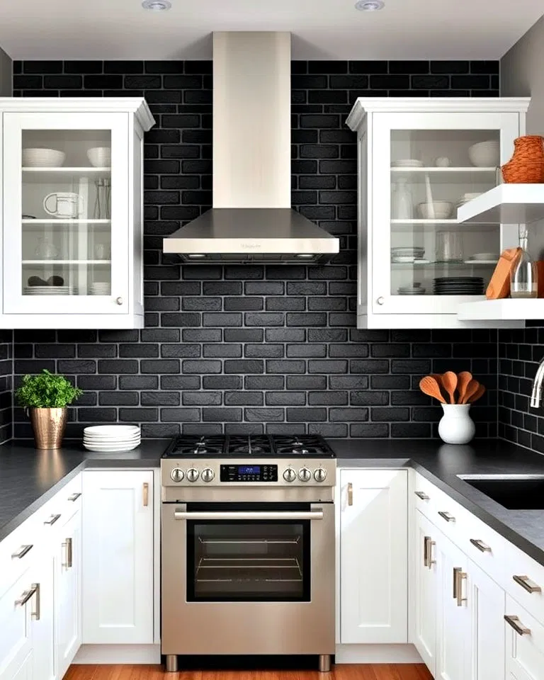 Matte black brick tile backsplash in white kitchen