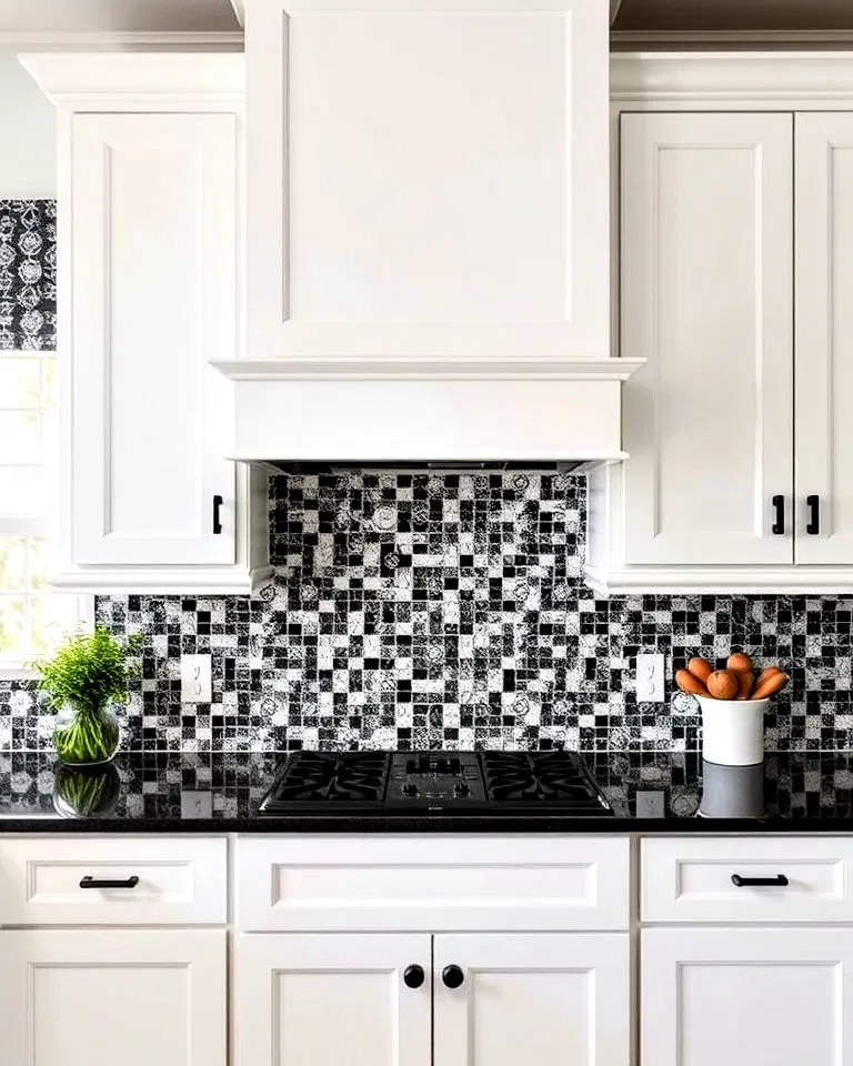 Black and white mosaic tile backsplash in white kitchen