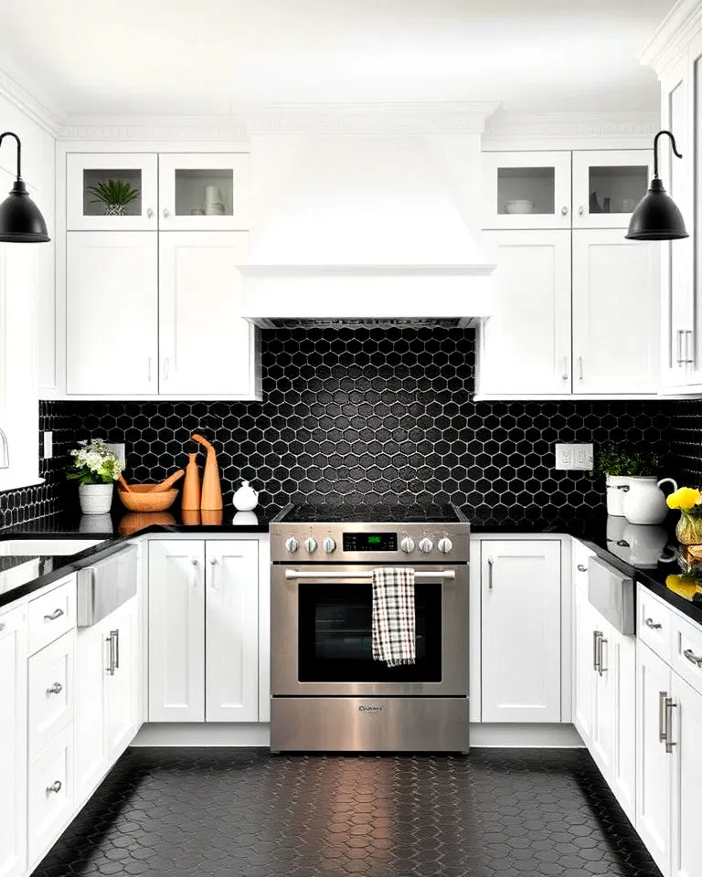 Black penny tile backsplash in white kitchen