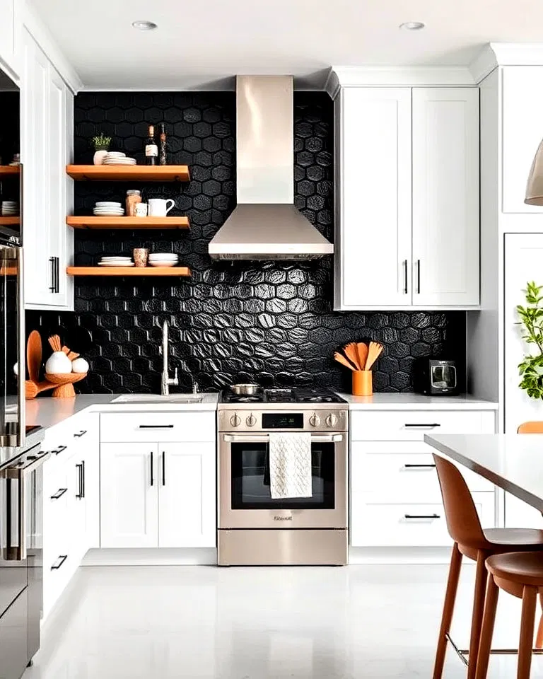 Black metal backsplash in white kitchen