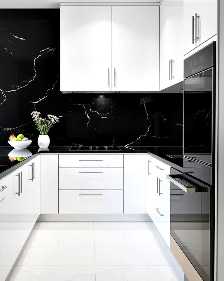 Black quartz slab backsplash in white kitchen