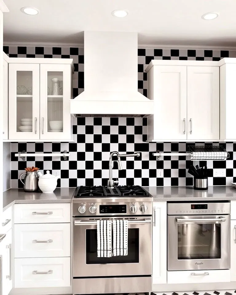 Black and white checkerboard tile backsplash in white kitchen