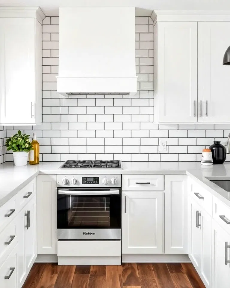 White subway tiles with black grout backsplash