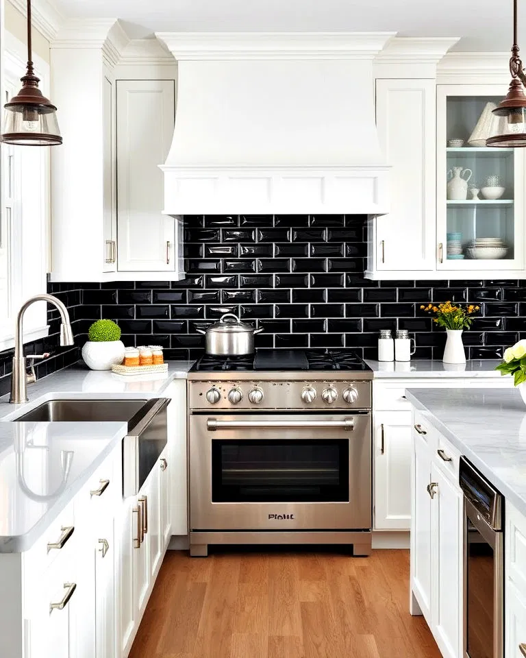 Black beveled tile backsplash in white kitchen