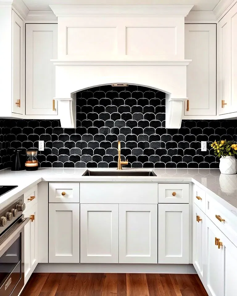 Glossy black fish scale tile backsplash in white kitchen