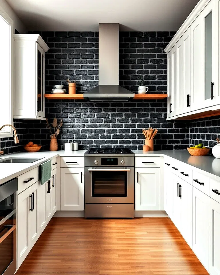 Black painted brick backsplash in white kitchen