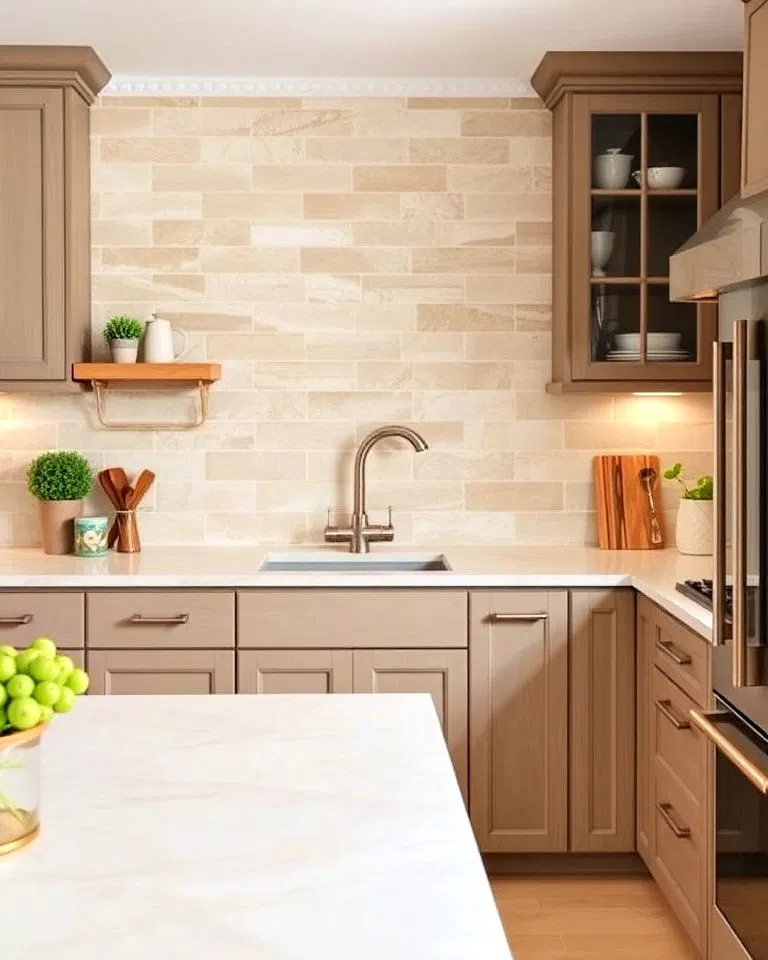 Travertine subway tiles backsplash