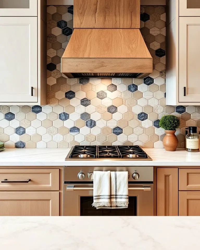 Hexagonal stone tile backsplash