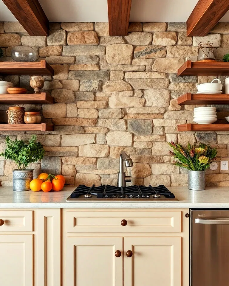 Fieldstone accent wall kitchen backsplash
