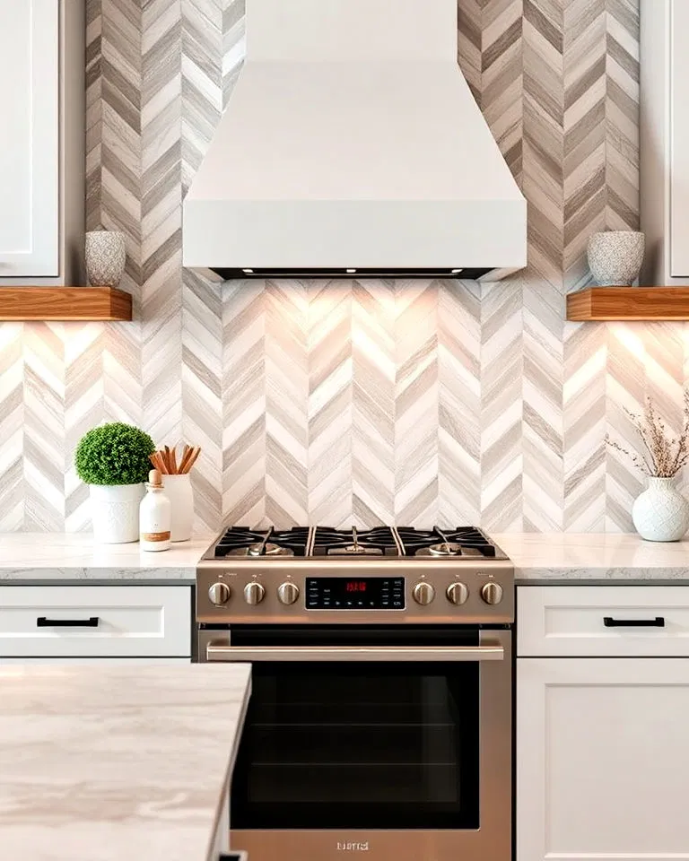 Limestone chevron kitchen backsplash