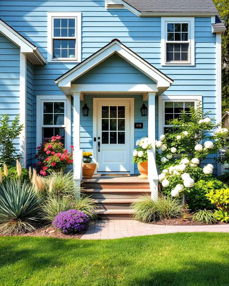 harmonizing light blue with thoughtful landscaping