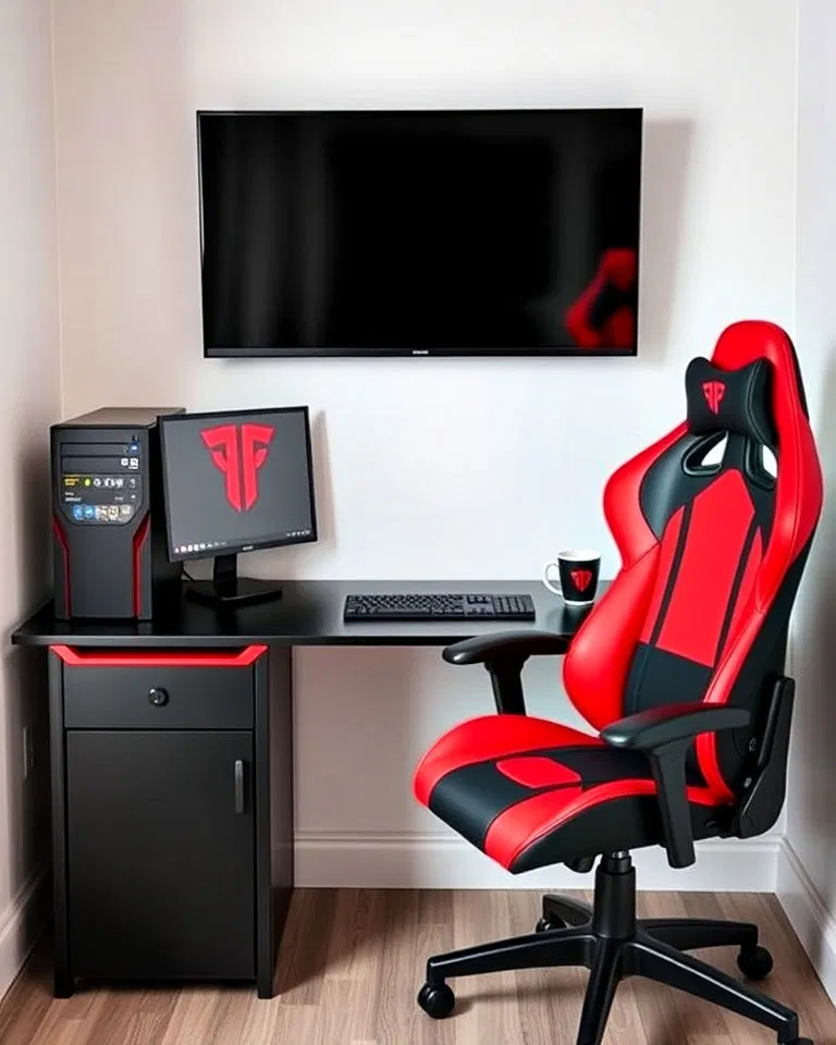 compact red and black gaming setup