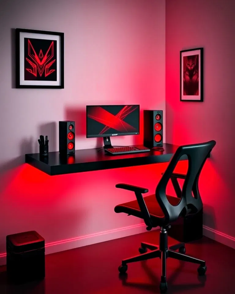 floating red and black desk setup