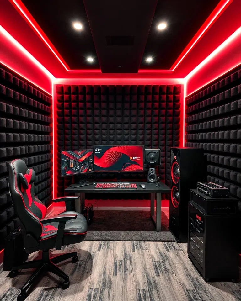 red and black soundproofed gaming setup