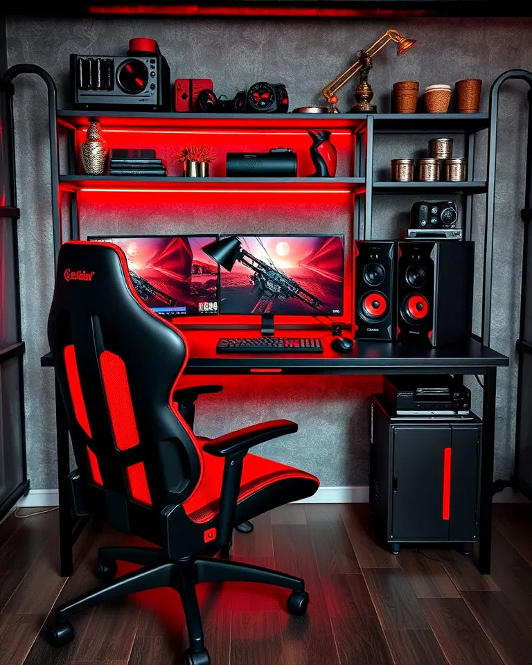 industrial inspired red and black gaming room