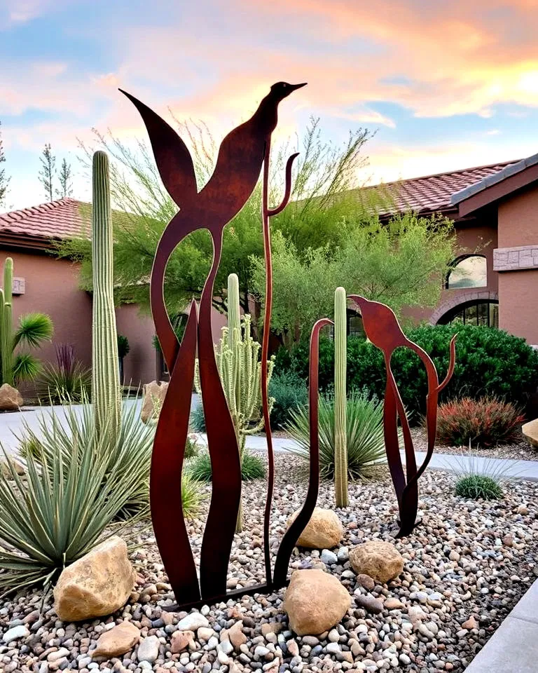 Metal sculptures in desert yard