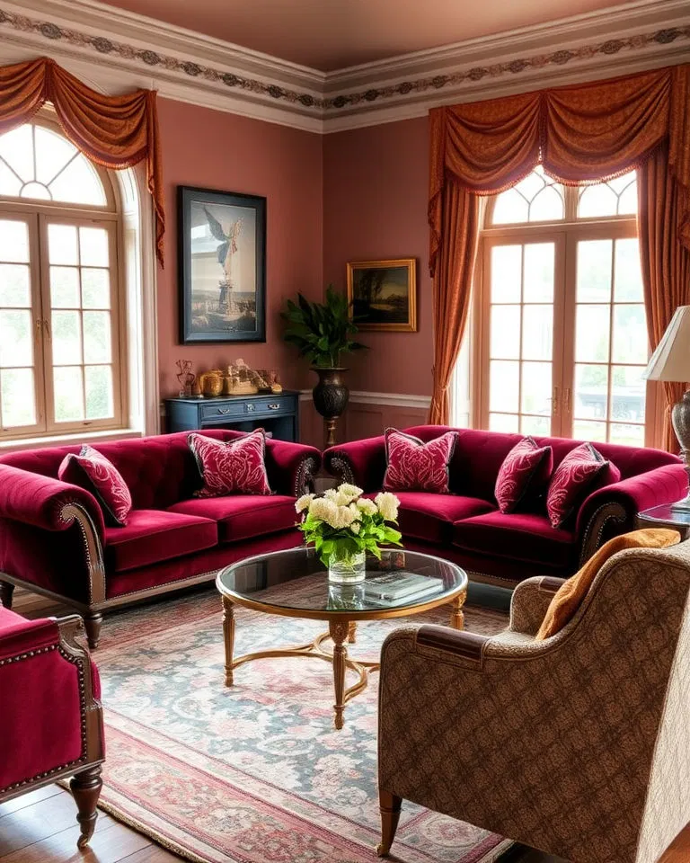 Victorian living room with velvet upholstery