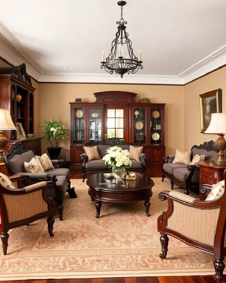 Victorian living room with dark wood furniture