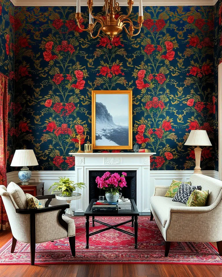 Victorian living room with patterned wallpaper