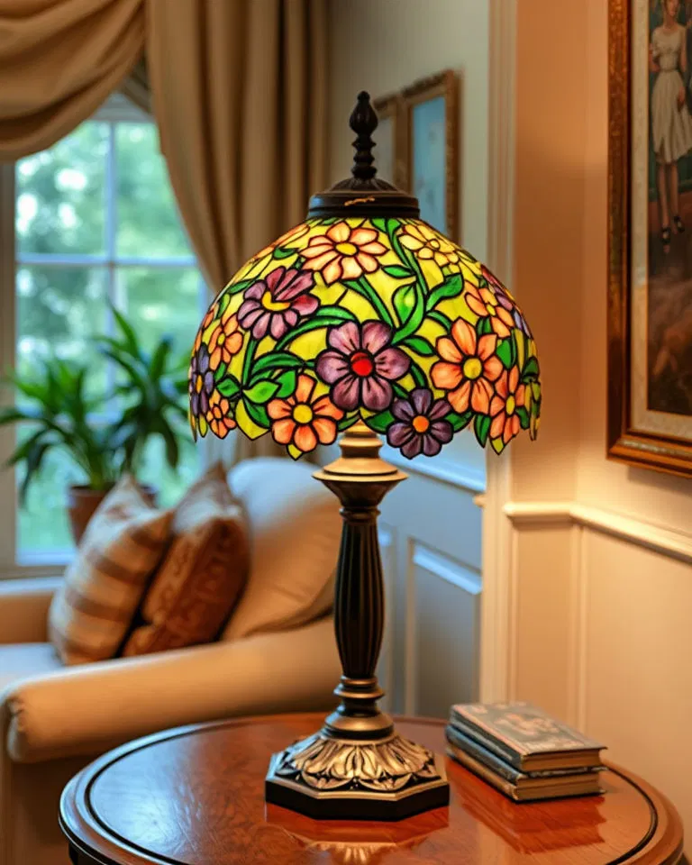 Victorian living room with stained glass lamp