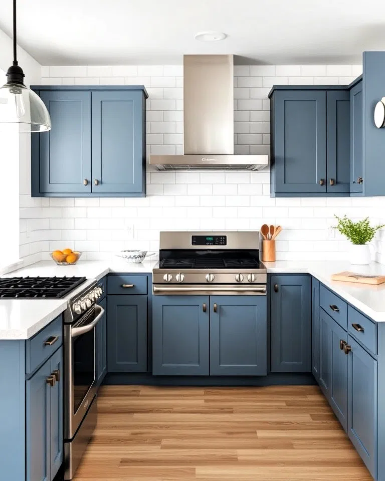 Modern steel blue cabinets with white subway tiles