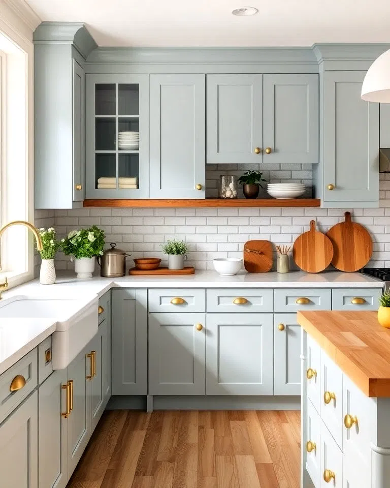 Muted duck egg blue cabinets with brass details