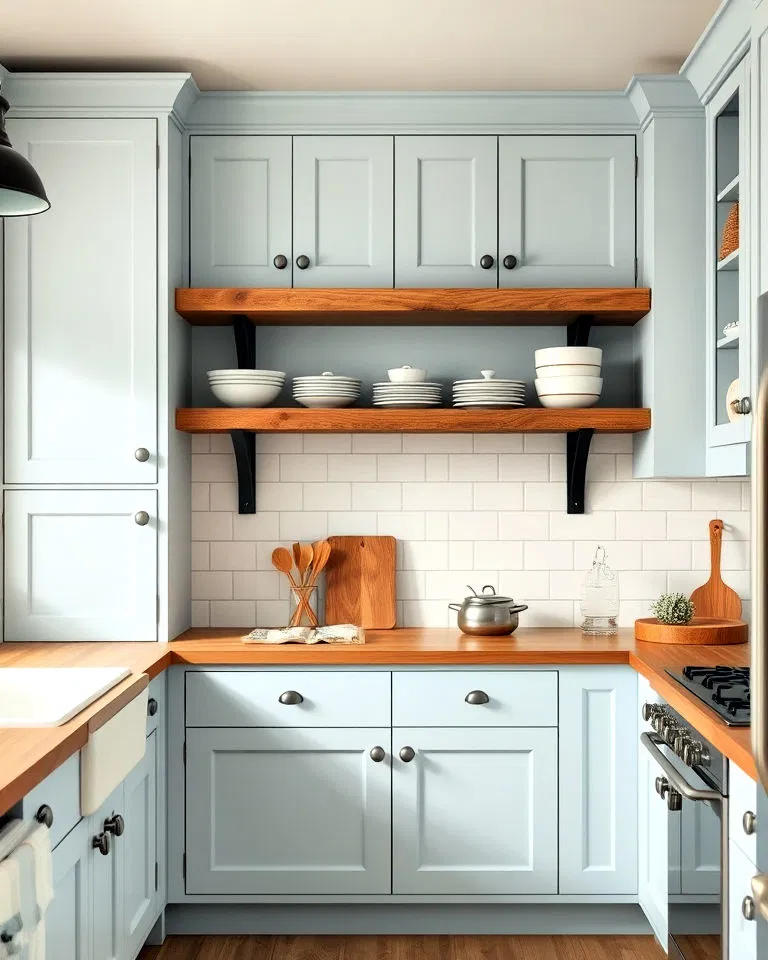 Pale blue cabinets with rustic wooden shelving