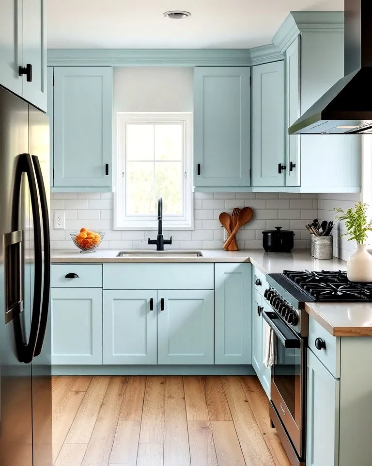 Robin's egg blue cabinets with matte black hardware