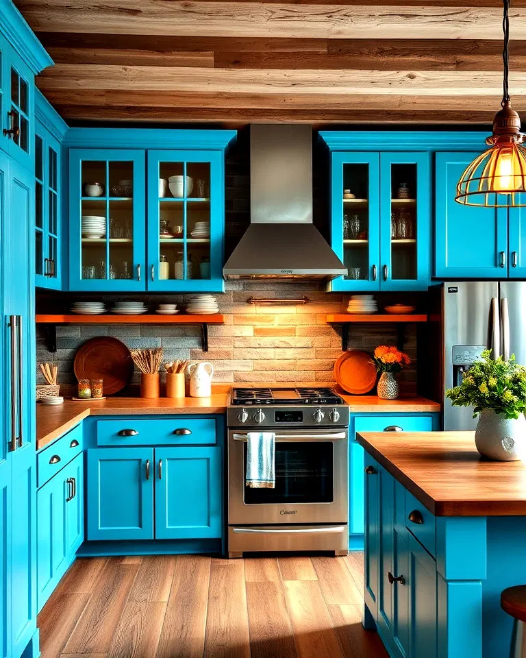 Turquoise blue cabinets with industrial lighting